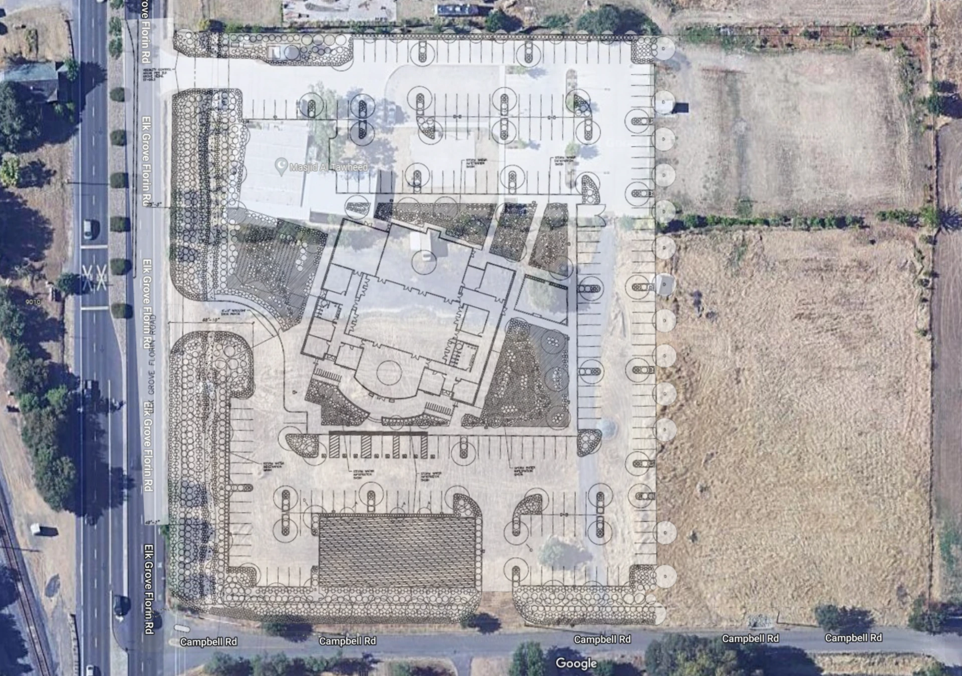 Site plan of the Masjid Al-Tawheed property overlaid on satellite imagery
