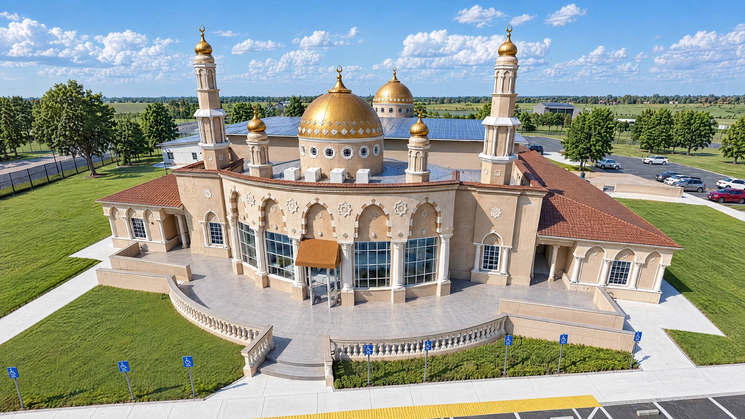 Rendering of the completed Masjid Al-Tawheed seen from the entry side: dome cluster, minarets, arcaded facade, entry forecourt and parking